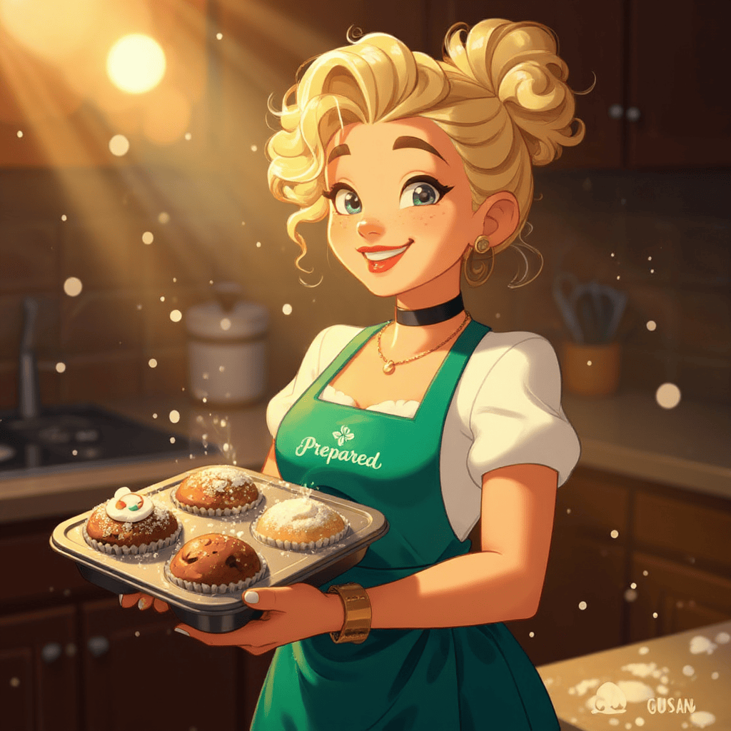 Suzan houdt een muffinplaat vast, op de grootste muffin staat een Prepared logo van fondant